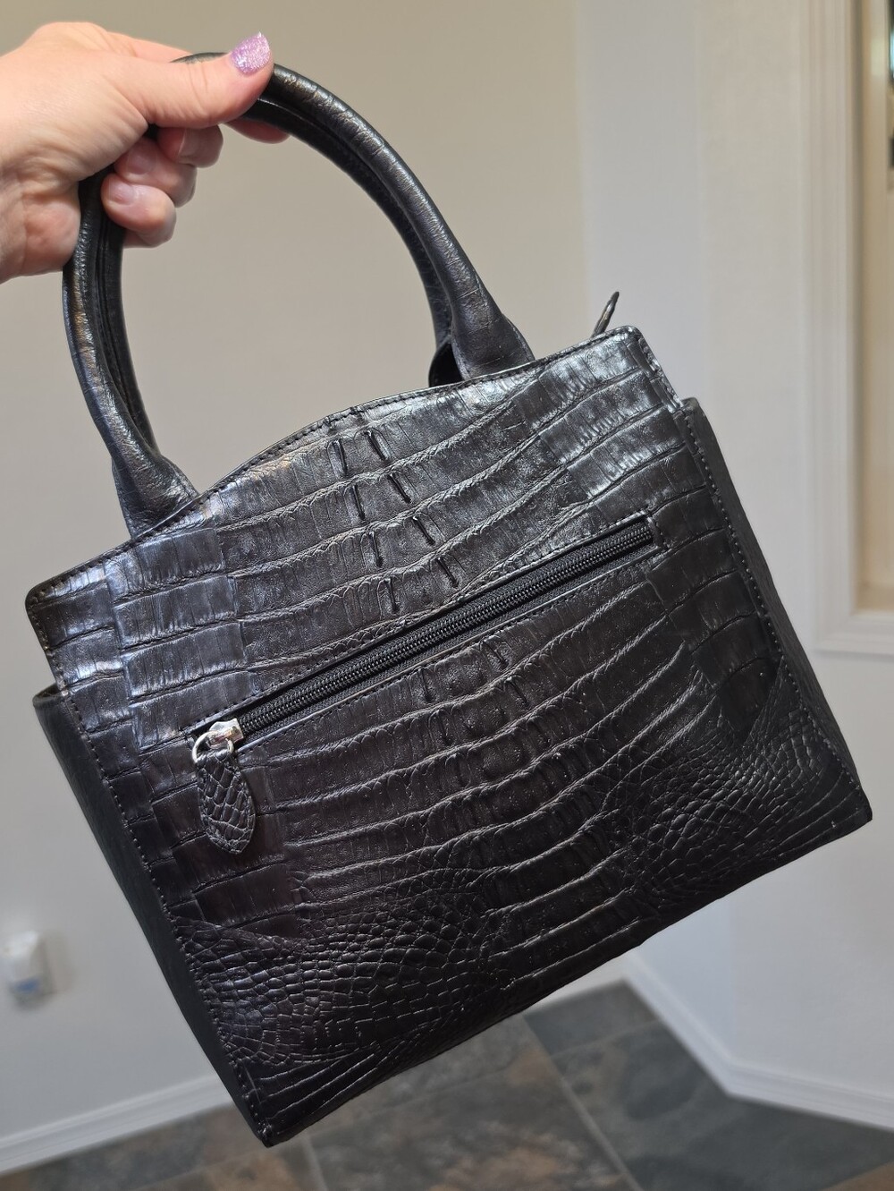 Vintage Black Faux Croc Top Handle Satchel